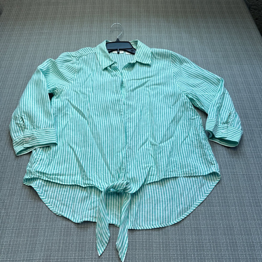 Chicos 100% Linen Tie Front Shirt size 1 / Medium Coastal Euro Striped Green